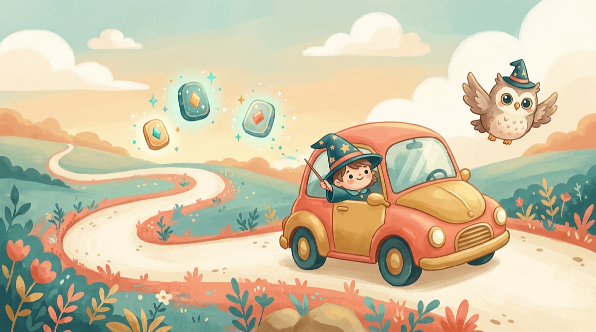 A little wizard in a car with an owl and glowing runestones